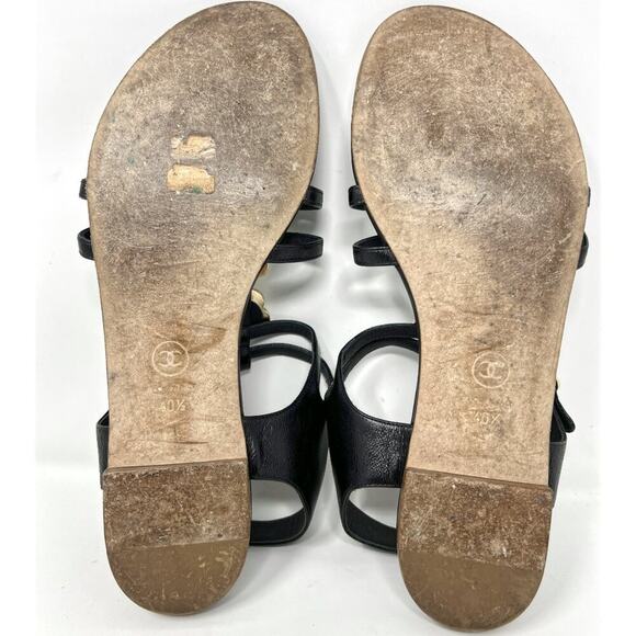 Chanel Black Leather Gladiator Strappy Enamel Flower Logo Flat Sandals - Picture 7 of 7